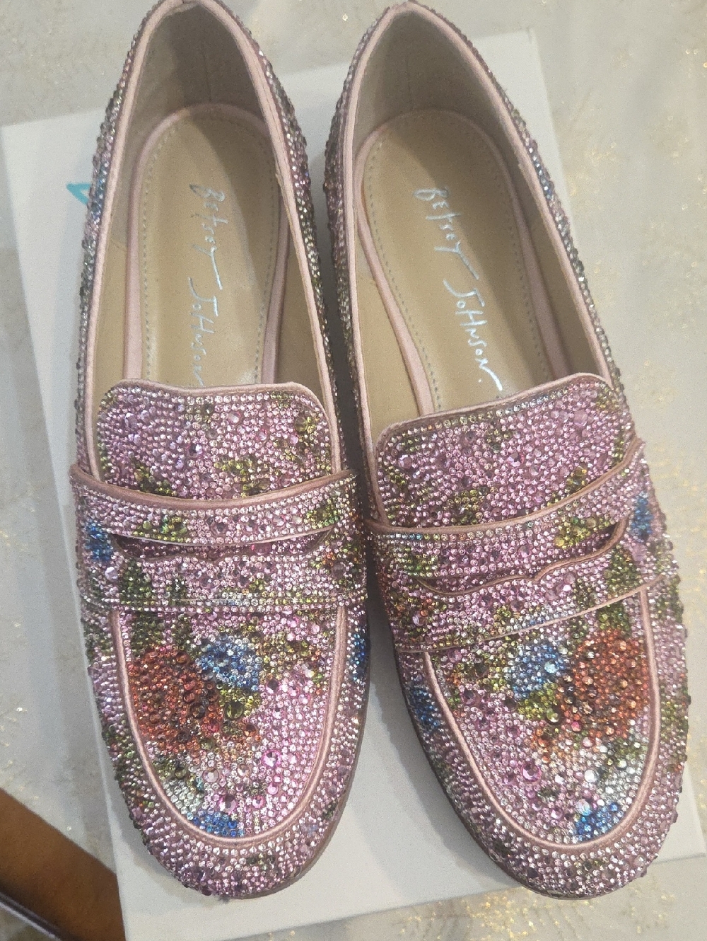 Betsey Johnson Pink ARON Multicolor Crystal Floral Loafers - Picture 1 of 5
